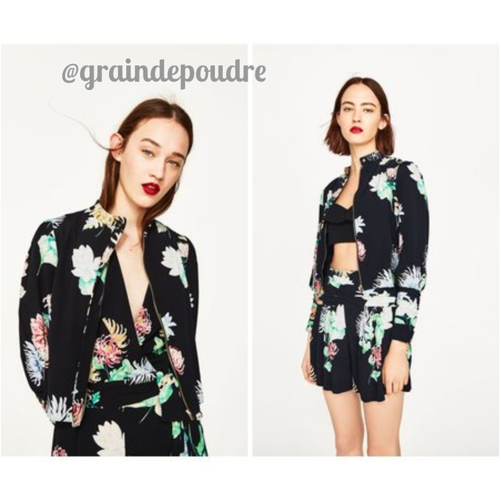Rare! Zara Chrysanthemum Flower Oriental Asian Print Cropped Moto Jacket XS